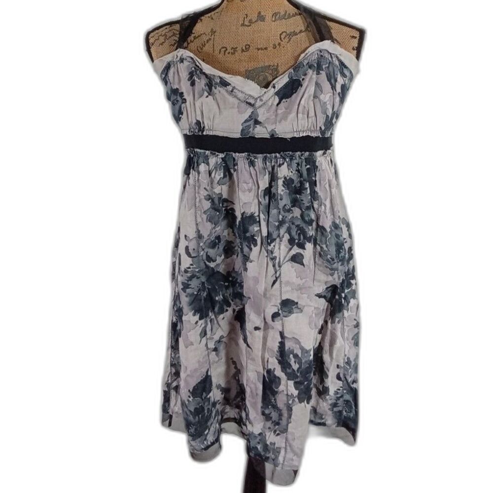 Ann Taylor LOFT Dress Size 12 Black Taupe Floral Raw Edge Ribbon Straps Zip